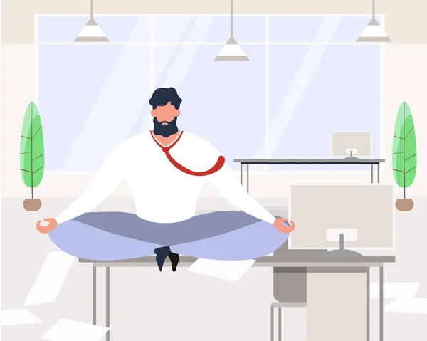 Empresario de dibujos animados meditando sentarse en la oficina de la mesa — Vector de stock