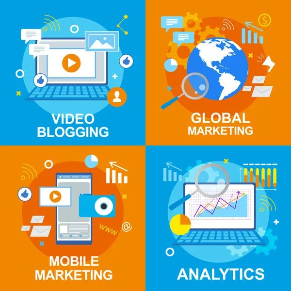 Vídeo Blogging Global Mobile Marketing Analytics — Vetor de Stock