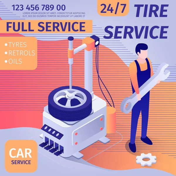 Bannière promotionnelle pour le service de voiture de montage de pneus — Image vectorielle