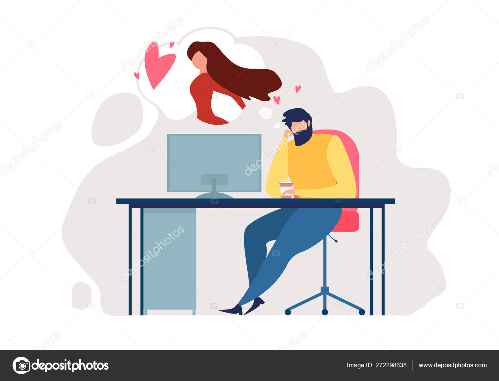 Cartoon Man Sit Chair Office Table Romantic Mood Stock Vector