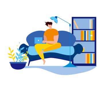 Notebook Freelancer ile Karikatür Man Otur Kanepe