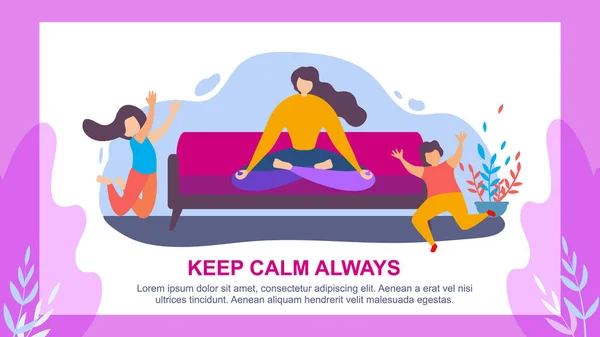 Woman Meditate Children Jump Keep Calm Always — 스톡 벡터