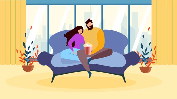 Love Couple at Home Watching Movie Eating Popcorn — Stock Vector