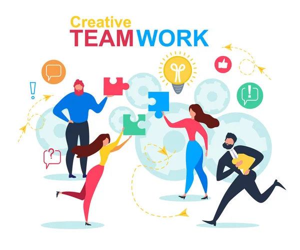 Cartoon People Puzzle Elemento Creativo Lavoro di squadra — Vettoriale Stock