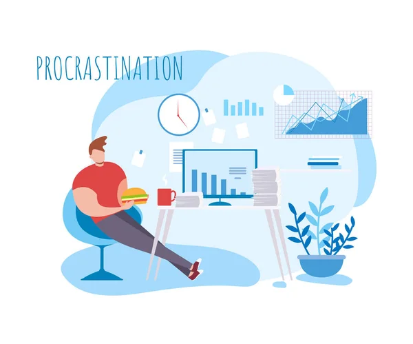 Cartoon man Procrastination werk voedsel koffiepauze — Stockvector