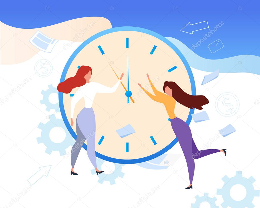 Cartoon Woman Stop Clock Hands Time Management