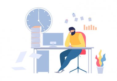Mutsuz Karikatür Adam Oturan Ofis Masa İşyeri