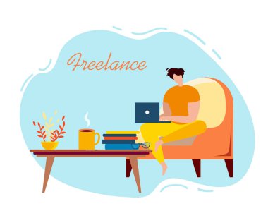 Karikatür Erkek Freelancer Sit Koltuk Notebook İş