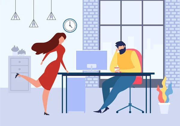 Cartoon vrouw Office tafel flirt met man op het werk — Stockvector