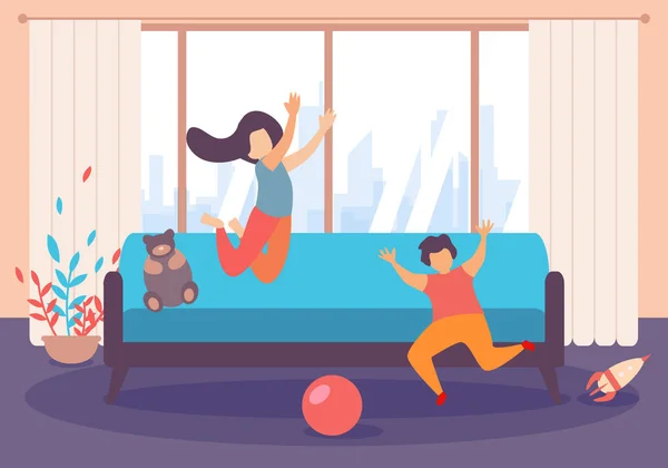 Niños niño chica salto jugar dentro de sala de estar — Vector de stock