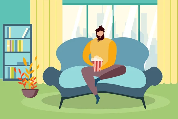 Mann sitzen Couch-Fenster mit Popcorn-Eimer fernsehen — Stockvektor