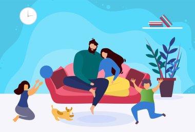 Happy Evening Aile Relax Karikatür İllüstrasyon