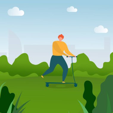 Park'ta Kick Scooter Sürme Düz Karikatür Adam