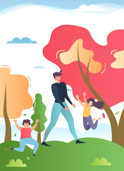 Padre a piedi nel parco con bambini felici Cartone animato — Vettoriale Stock