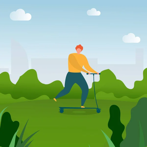 Плоский мультфільм людина верхи на скутер в парк — стоковий вектор