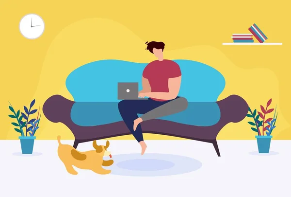 Homme avec ordinateur portable assis sur le canapé à la maison Dessin animé — Image vectorielle