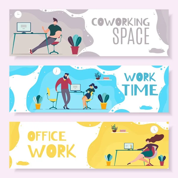 Tiempo de trabajo y gestión de oficina Encabezado Banner Set — Vector de stock