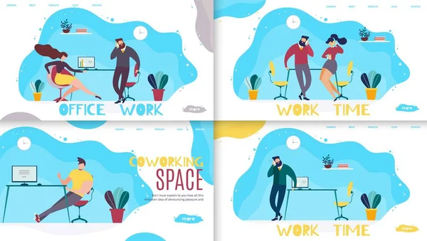 Czas pracy w biurze, zestaw stron docelowych Coworking Space — Wektor stockowy
