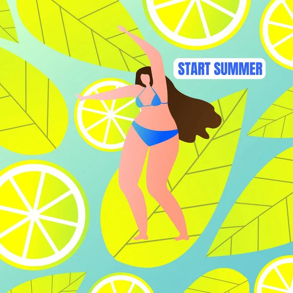 Flat Woman in Swimsuit Start Summer, Lettering. — Stock Vector