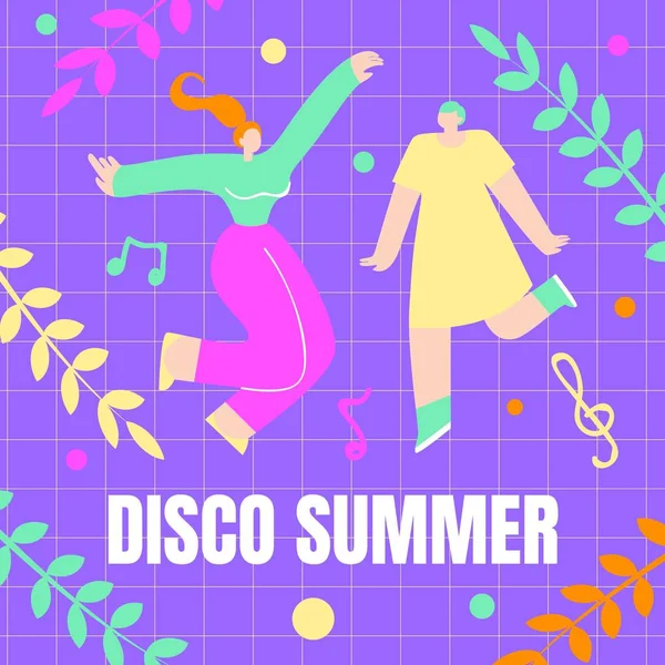Κορίτσια που χορεύουν, αφίσα ντίσκο καλοκαίρι κινούμενα σχέδια Flat. — Διανυσματικό Αρχείο