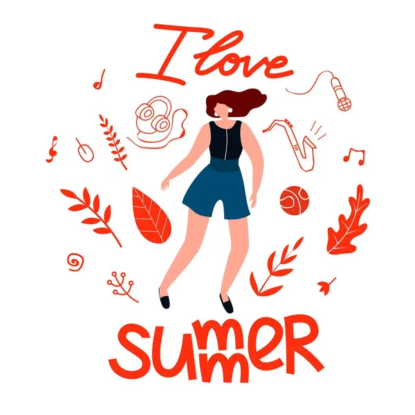私は夏を愛する女の子のためのポストカード休暇、漫画. — ストックベクタ
