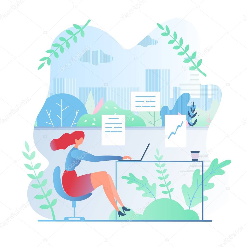 Girl in Summer Working in Office Cartoon Flat.