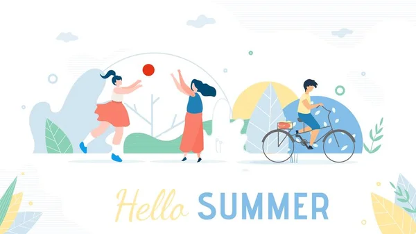 休息中の人々とこんにちは夏の挨拶バナー — ストックベクタ