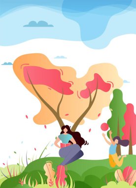 Anne ve Kızı Park Karikatür Zaman Harcama