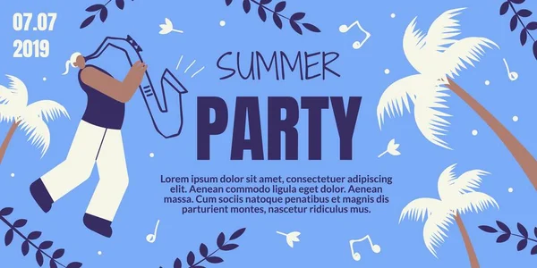 Banner colorato retrò Summer Party con sassofonista — Vettoriale Stock