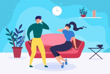 Genç Evli Çift Evde Telefon Talking Karikatür