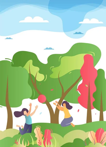 Feliz família jogando bola na ilustração da floresta — Vetor de Stock