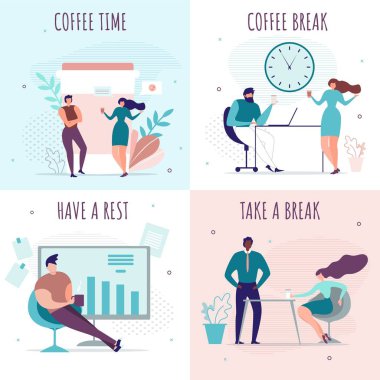 Ofis Karikatür Kartları Seti Mola Süresi ve Dinlenme