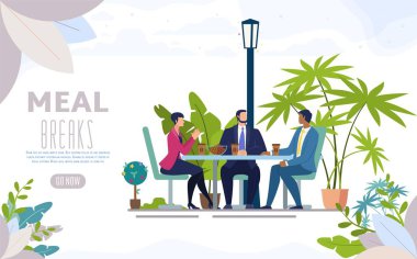 Sokak Cafe Flat Vector Web Banner'da Yemek Molası