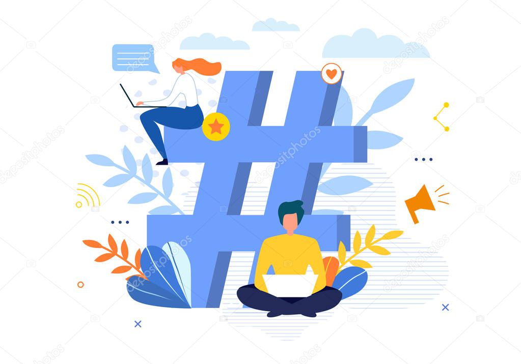 Big Hashtag Symbol with People Chatting on Laptop