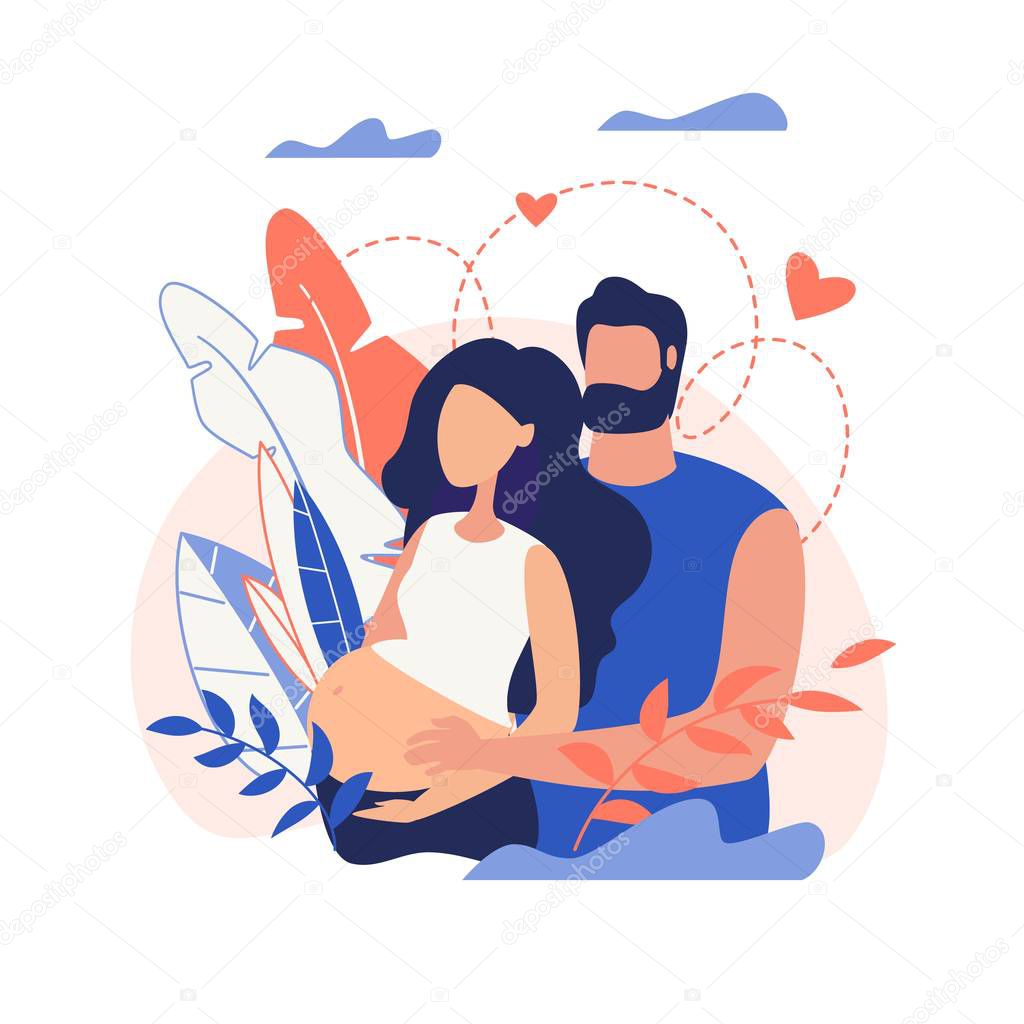Banner Family Consisting Husband And Wife Surrounded Love Who Expecting Baby Displayed Cartoon, Flat, Vector. Girl Has Big Belly That Her Husband Strokes. Girl Give Birth Very Soon.