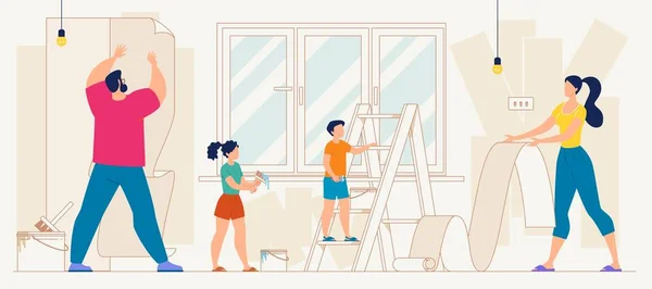 Padres con niños Wallpapering Home Flat Vector — Archivo Imágenes Vectoriales