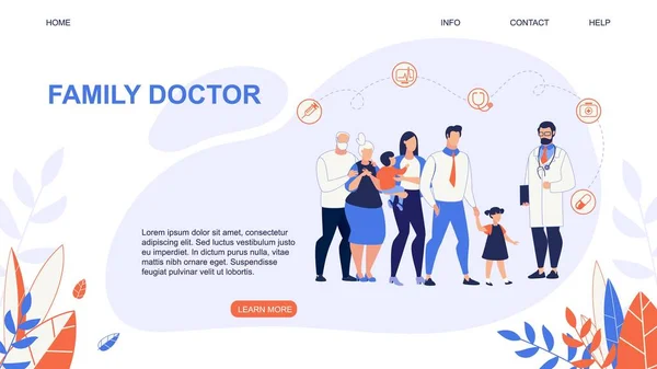 유익한 전단지 가족 의사 레터링 만화. — 스톡 벡터