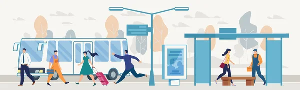 Passeggeri su City Bus Stop Flat Vector Concept — Vettoriale Stock