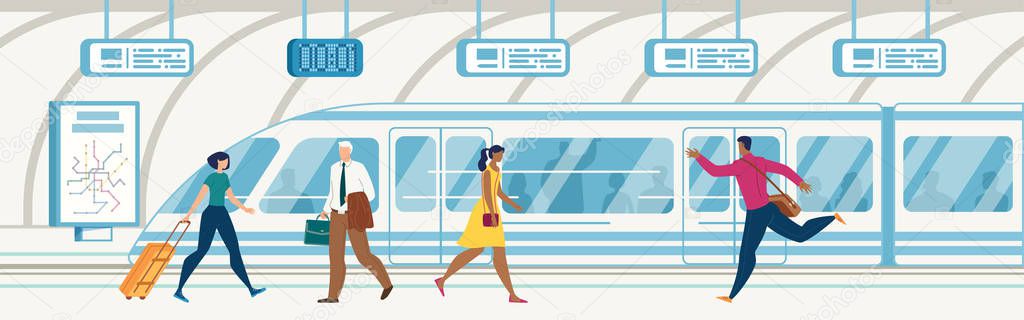 Passengers on City Subway Station Flat Vector