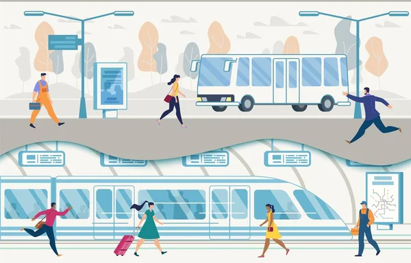 Trasporti pubblici urbani con autobus e metropolitana vettoriale — Vettoriale Stock