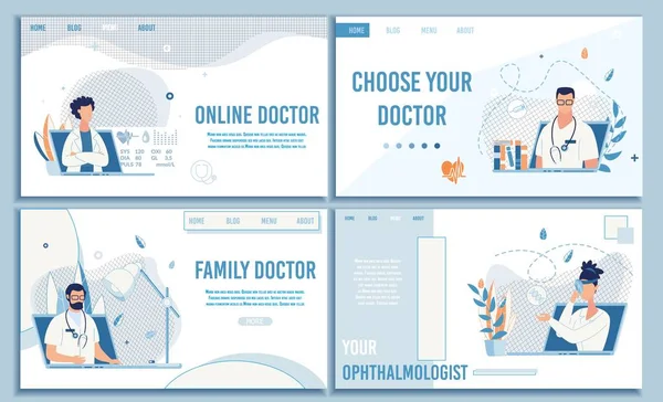 Consulta médica en línea Set de landing pages planas — Vector de stock