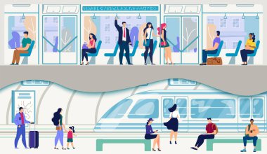 Metro Treni Düz Vektöre Binen Yolcular