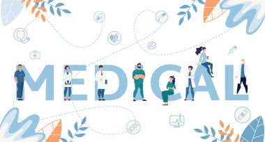 Tıbbi Kelime ve Tiny Karikatür Doktorlar Düz Banner