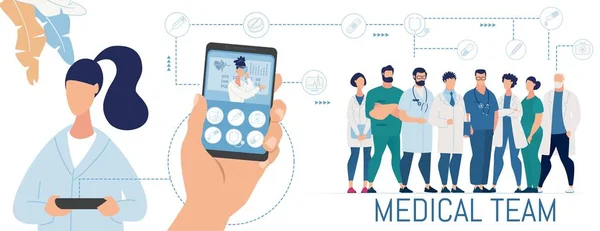 Paciente usando aplicación móvil para diagnósticos en línea — Vector de stock
