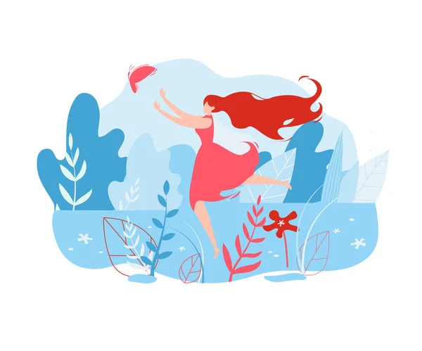 Frau mit langen roten Haaren rennt Schmetterling hinterher. — Stockvektor
