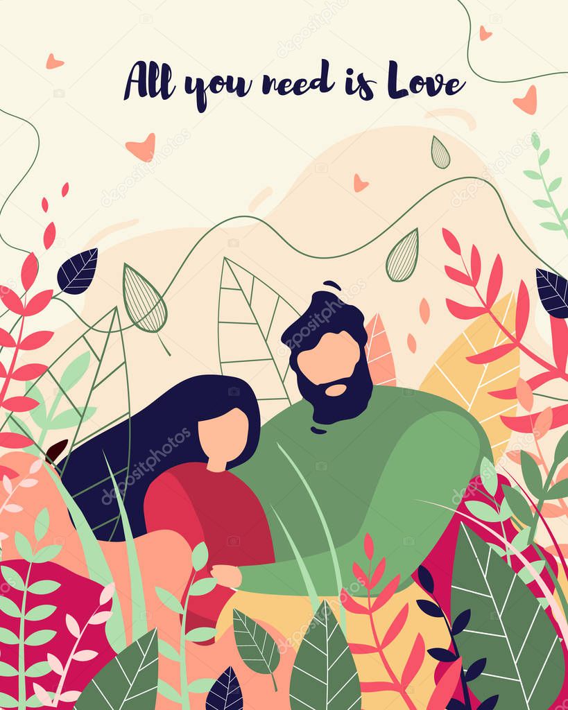 Couple in Love Surrounded with Leaves and Plants.