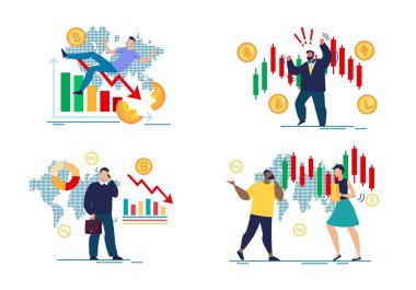 Endişeli Angry Traders ve Forex Crush Karikatür Seti