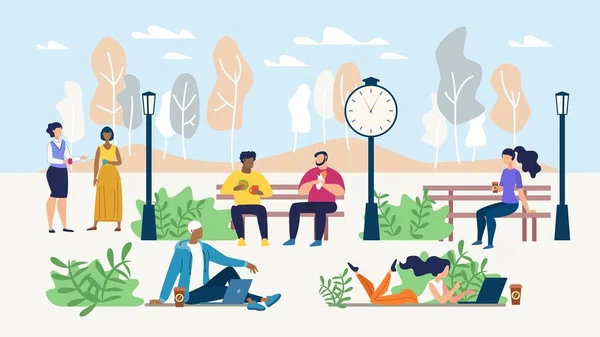 Les employés de bureau se reposent pendant la pause-café dans le parc — Image vectorielle