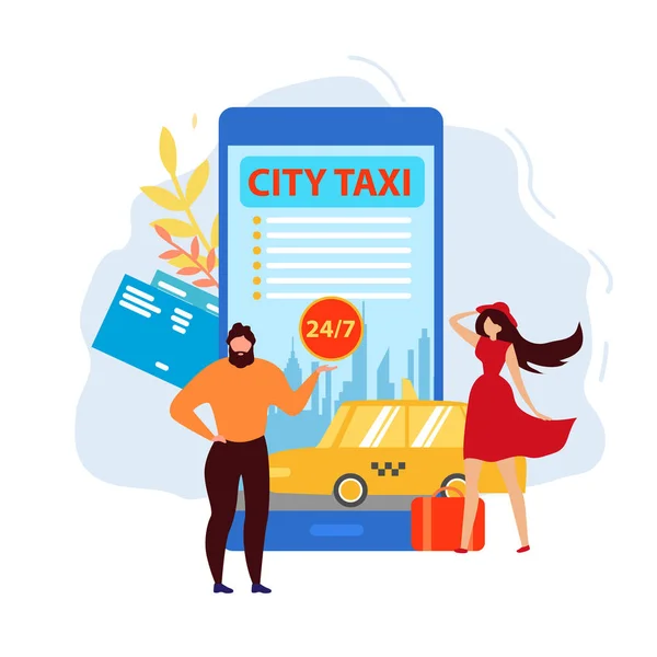 City Taxi Application, Ordering Car Using Phone — Stock Vector