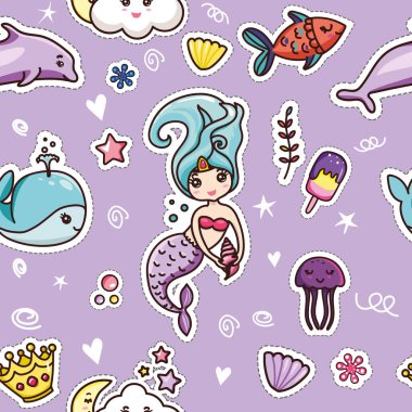 Mor Arka Plan Sevimli Kawai Dikişsiz Desen